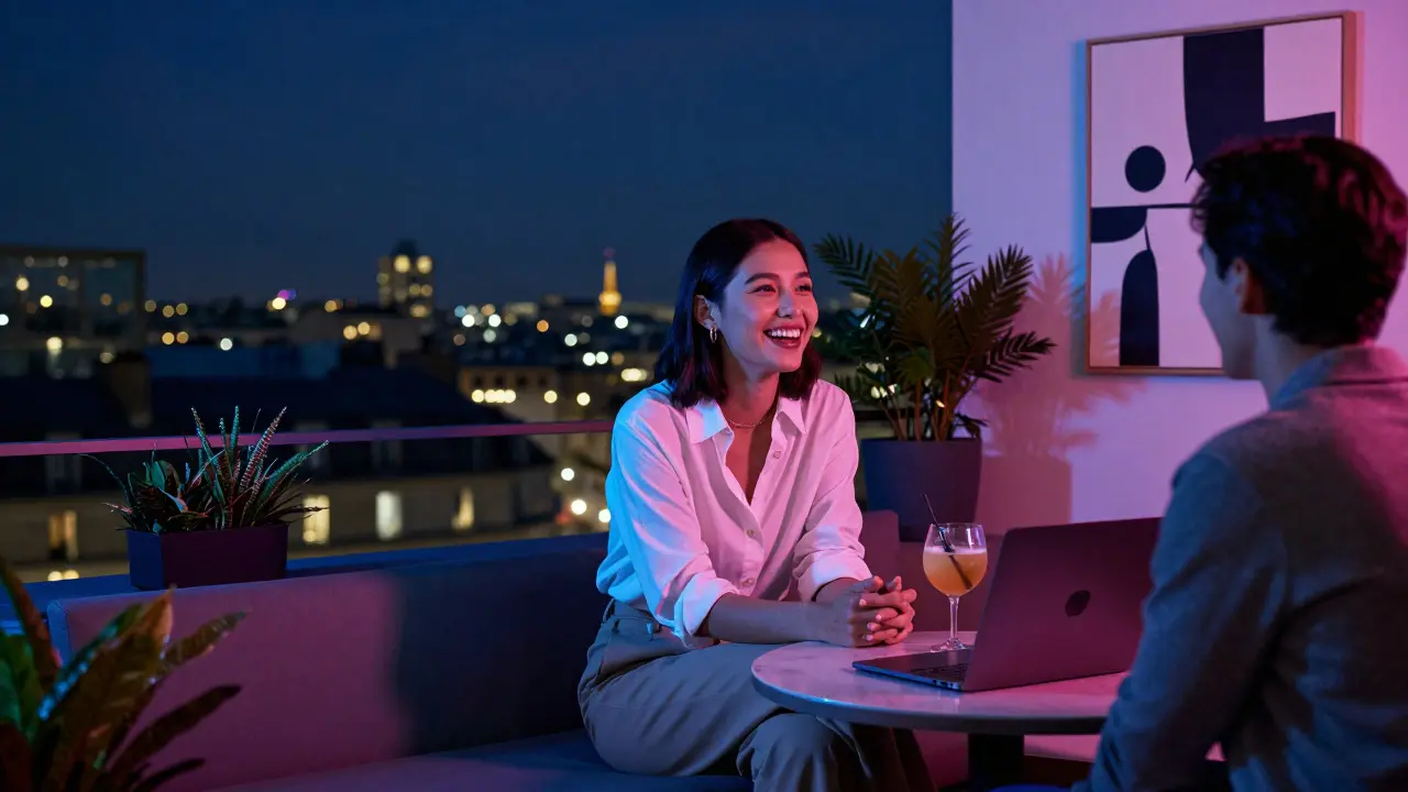 A young woman and client enjoying a rooftop view in Paris with modern decor and city lights.