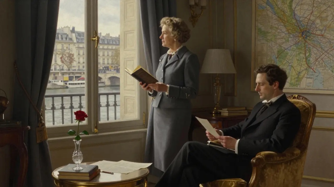 An elegant woman standing by a window in a Paris apartment, holding a book as a man reads nearby.