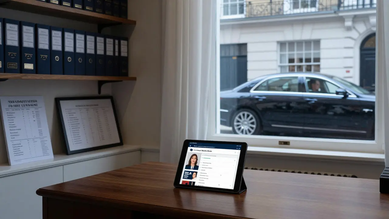 An exclusive agency office displays detailed profiles of international escorts with language skills and cultural expertise.