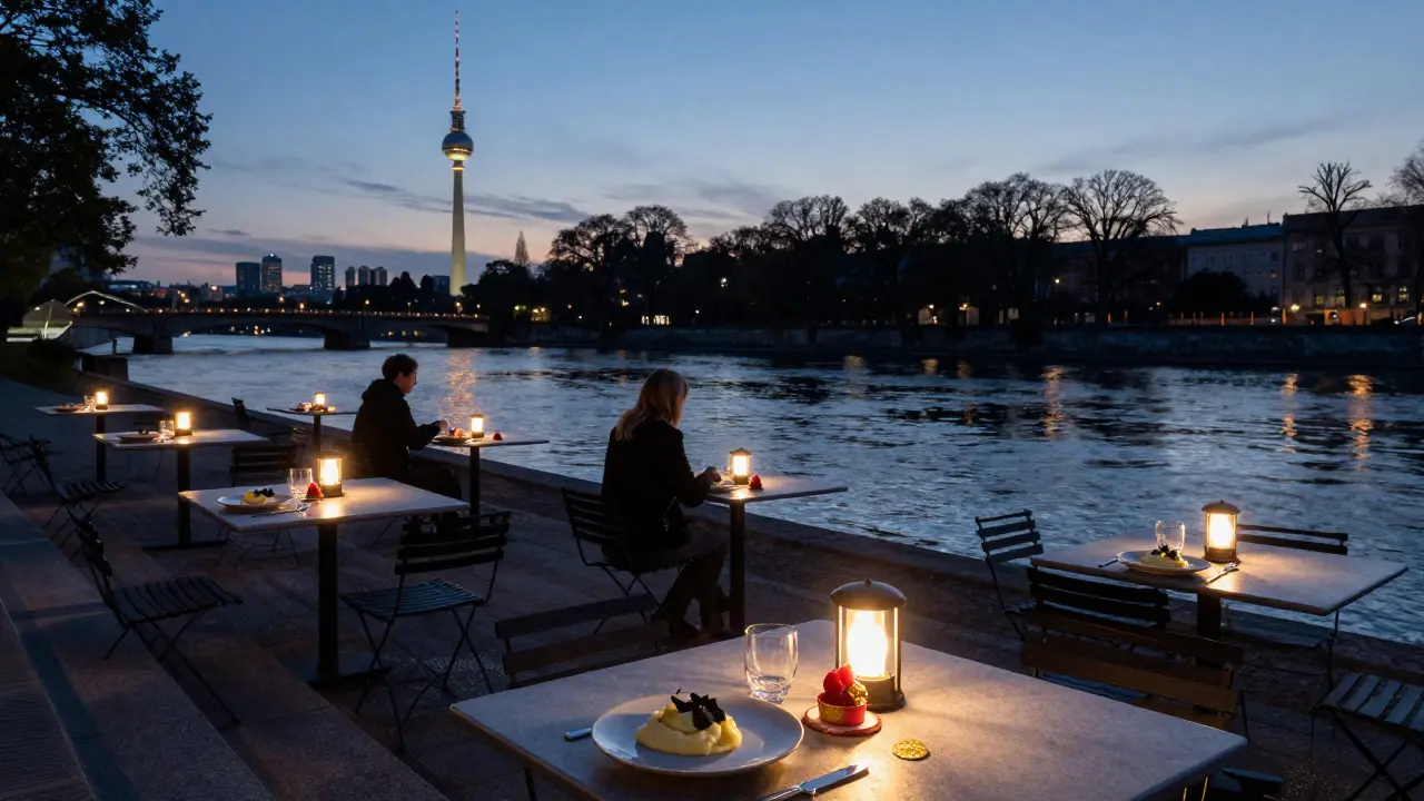 An intimate riverside dinner in Berlin with Museum Island reflected in the water at dusk.