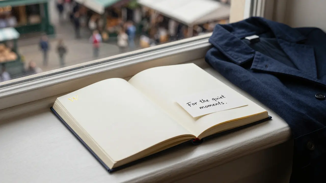 An open personalized notebook with a handwritten note on a windowsill in Covent Garden.
