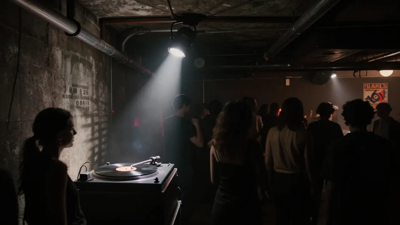 An underground club in a converted theater with vinyl records and industrial lighting, patrons dancing in shadow.
