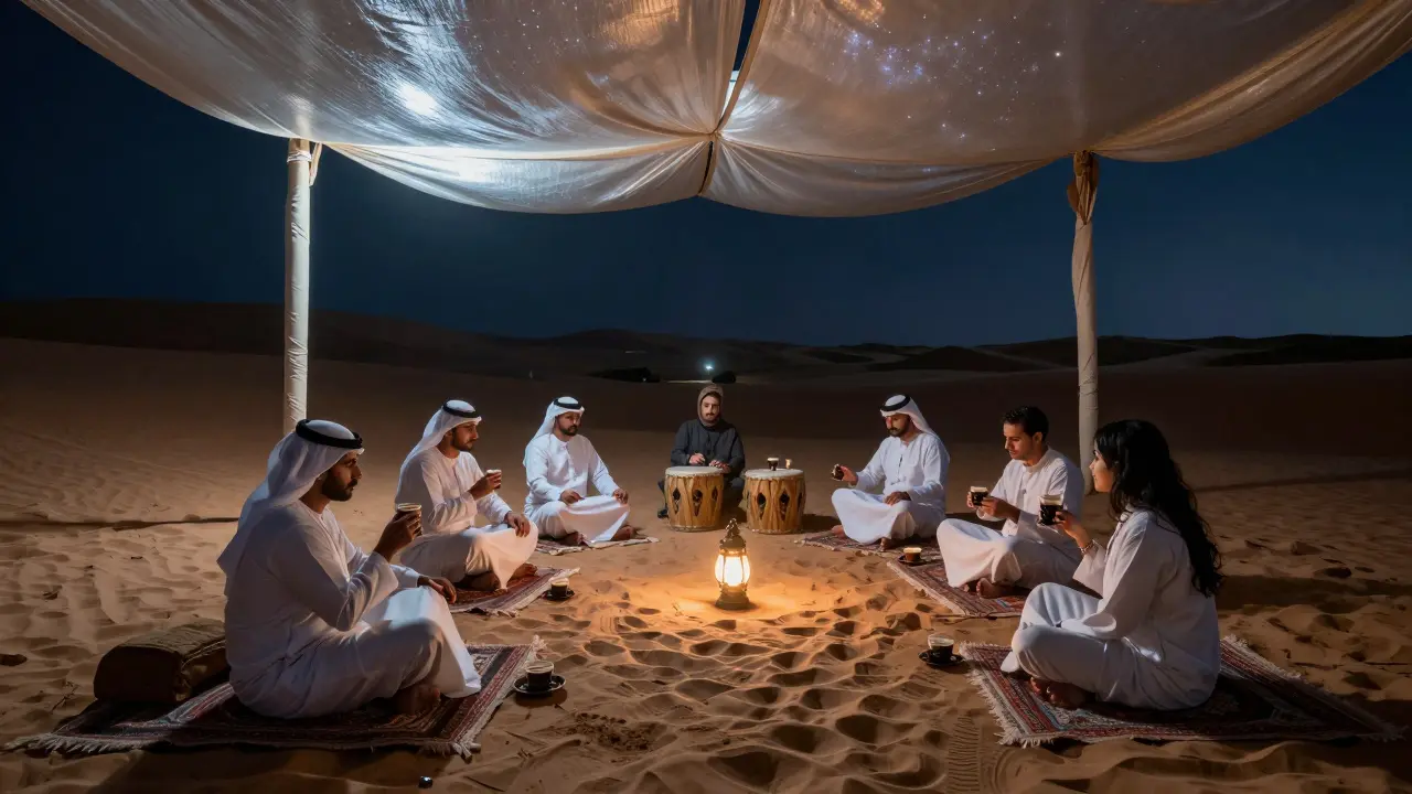 An underground desert club at night, with a silk canopy ceiling and guests sipping coffee under the stars.