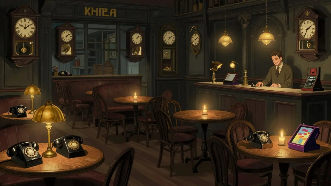An underground lounge with vintage furniture from different eras, ticking clocks, and a bartender serving drinks in a quiet, phone-free atmosphere.