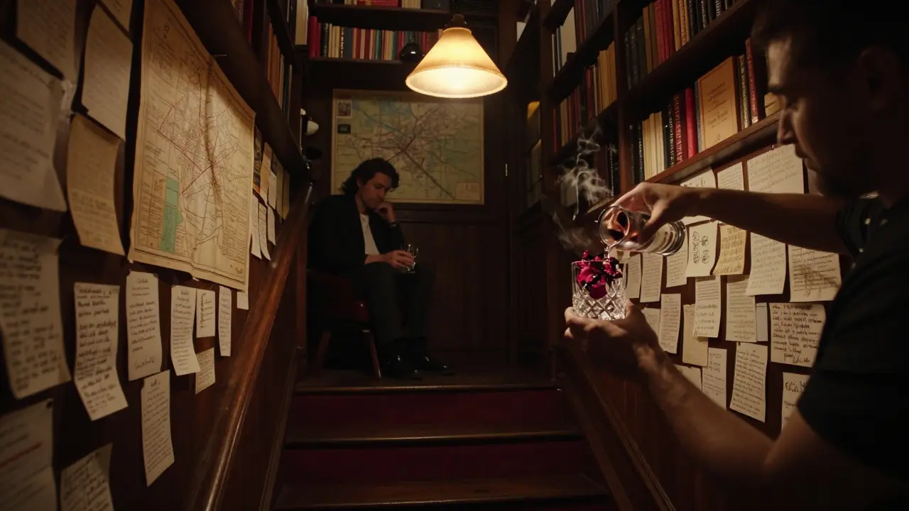 An underground speakeasy beneath a bookstore, lit by a single lamp, with handwritten notes on the walls.