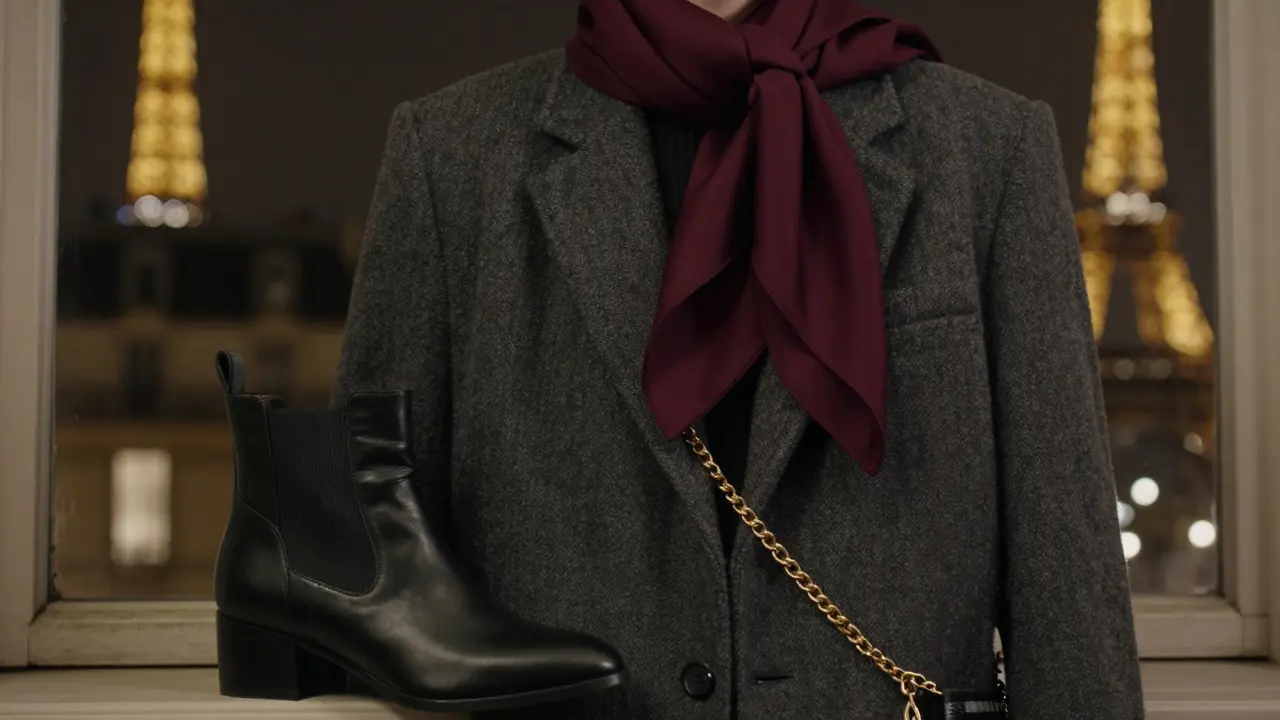 Close-up of a black ankle boot, silk scarf, and wool blazer with a single gold chain, evoking Parisian elegance.