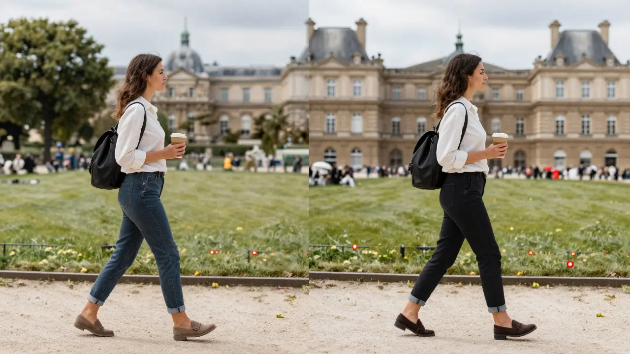 Contrasting real versus stock photos of a Parisian companion, highlighting authenticity versus artificiality.