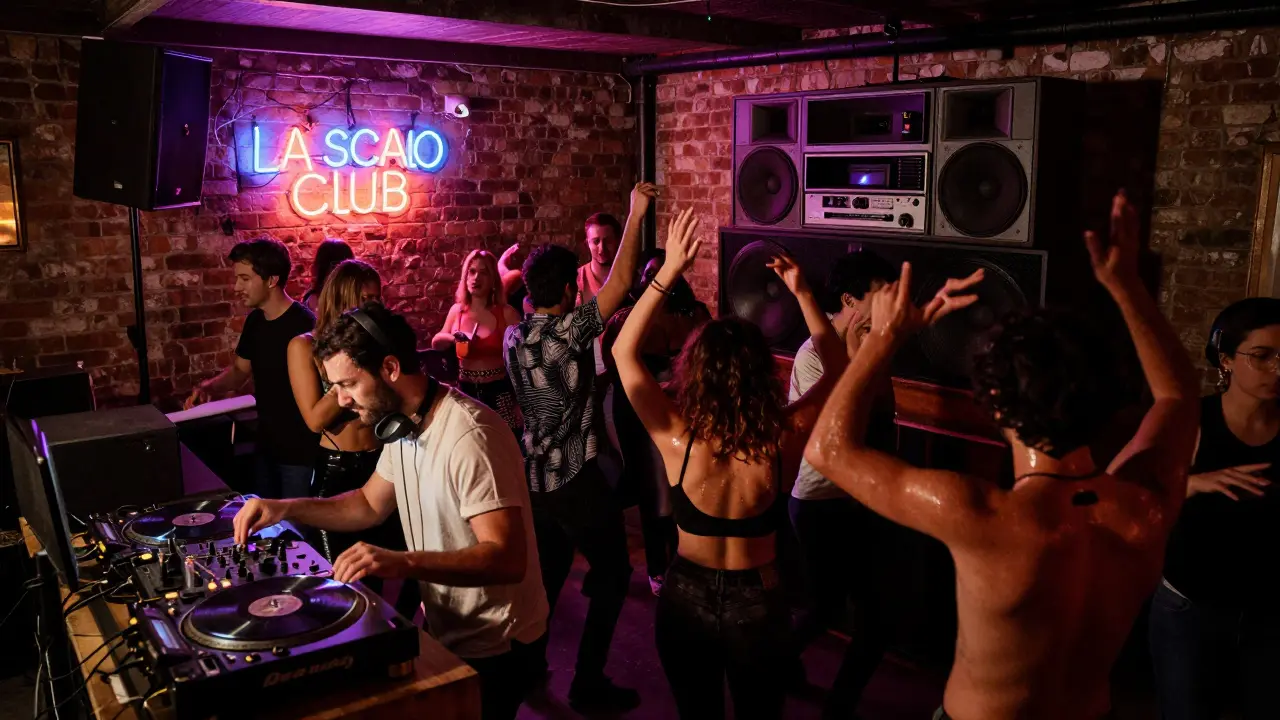 Crowded underground club with dancers moving to vinyl beats in a dark, gritty basement venue.
