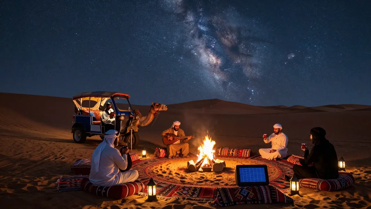Desert party at night with campfire, oud music, and Bedouin seating under a starry sky.
