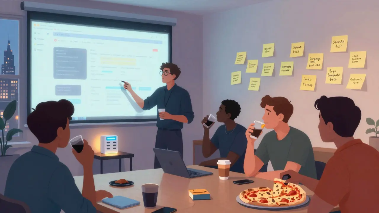 Engineers gathered at DevHive, presenting a prototype during a free tech meetup with coffee and pizza.