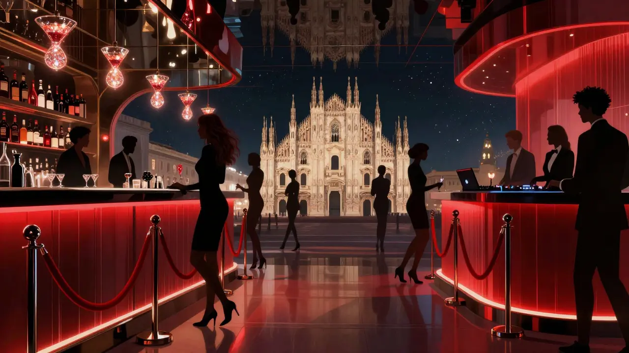 Glamorous nightlife scene at Corso Como with velvet ropes, designer attire, and glowing cocktails.