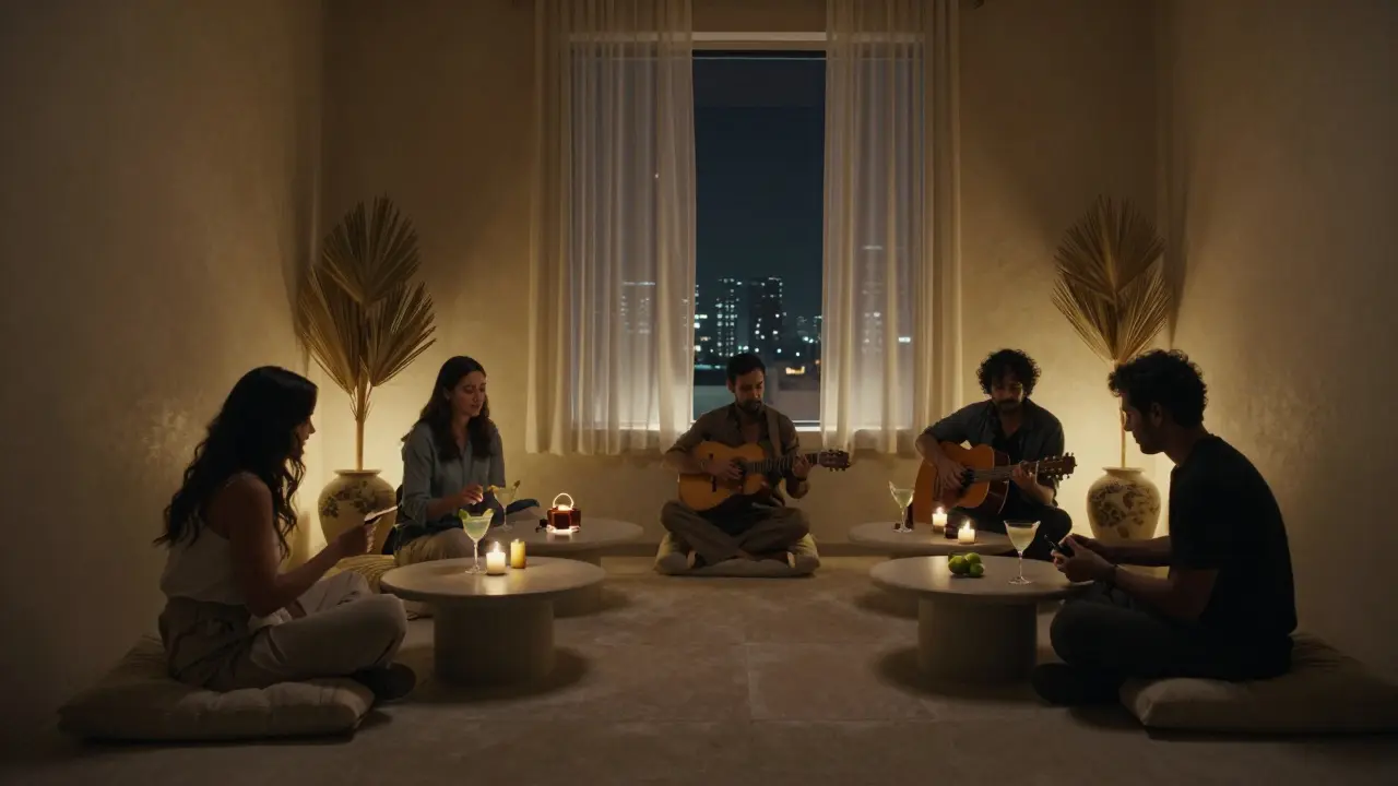 Guests seated on cushions in a hidden Abu Dhabi lounge, sipping regional cocktails with oud music playing softly.