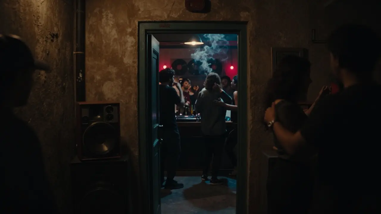 Hidden underground club with vinyl records and smoky atmosphere, dim lighting and dancing patrons.