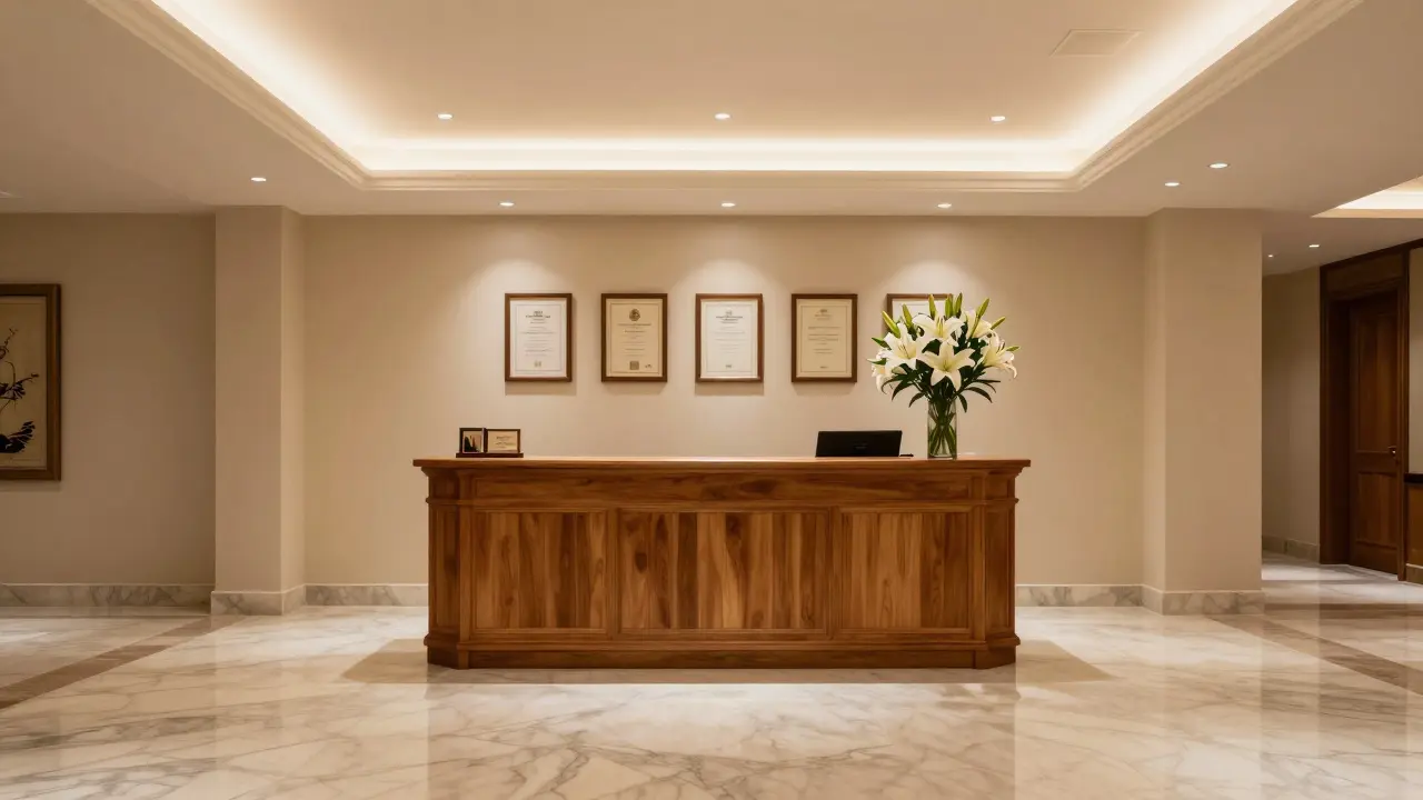 Luxury agency lobby with marble reception.