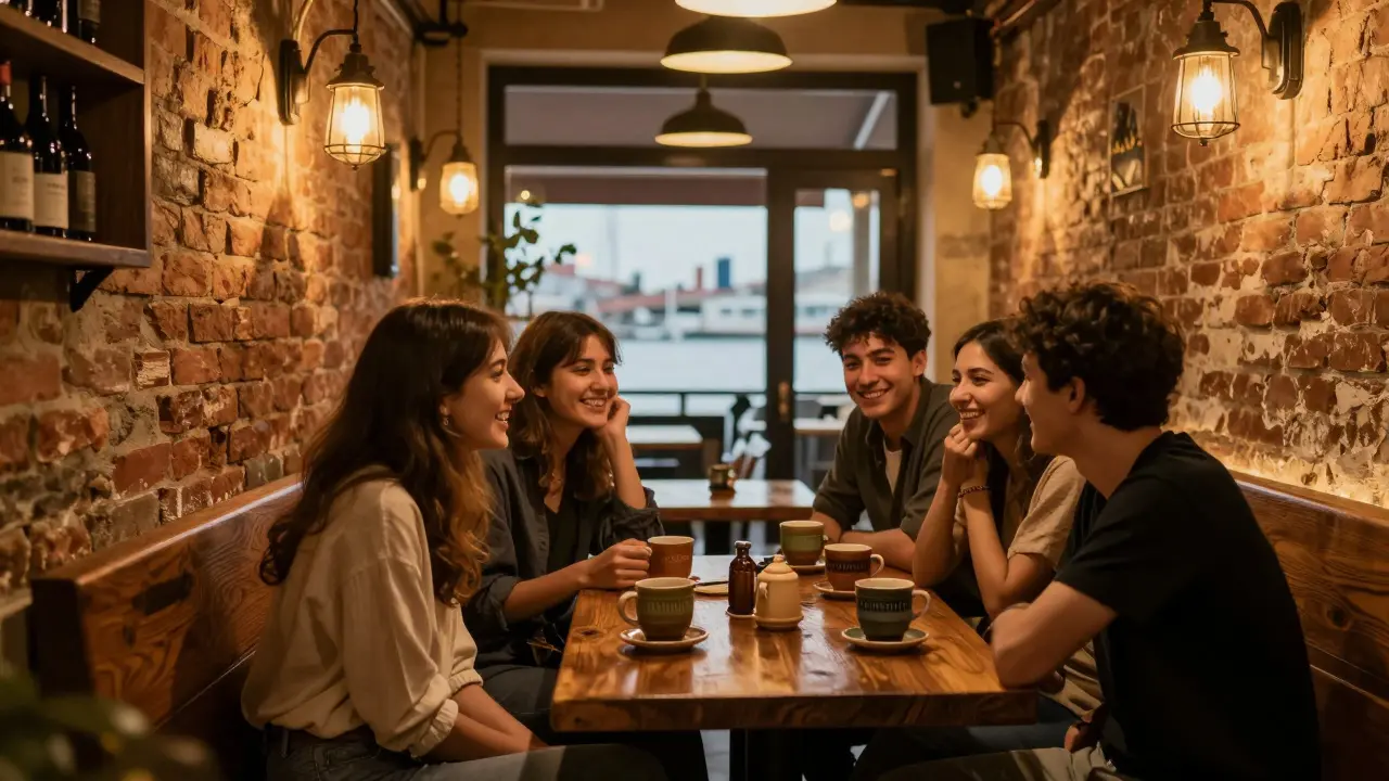 People enjoying drinks at a trendy industrial style bar.