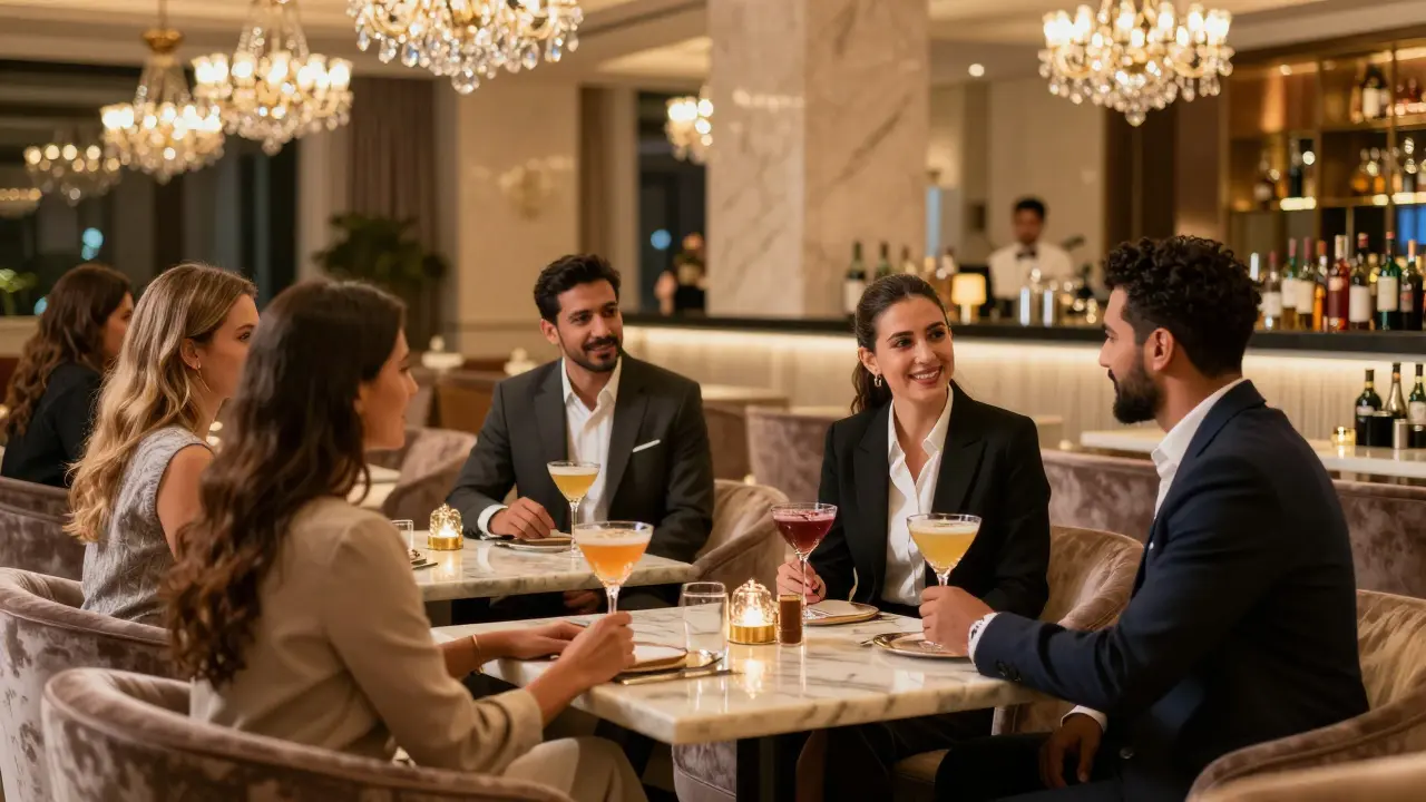 People socializing comfortably inside an elegant luxury hotel lounge with warm lighting.