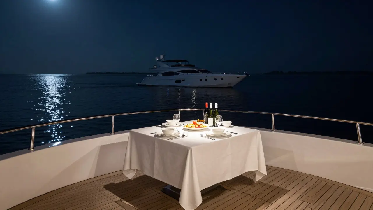 Private luxury superyacht dinner party on calm Arabian waters at night.