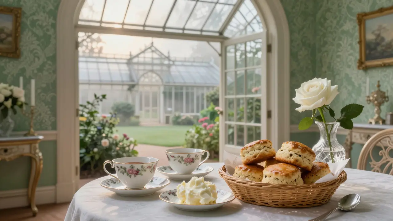 Private tea service in The Goring’s garden room with scones, rose, and misty Kew Gardens in the distance.