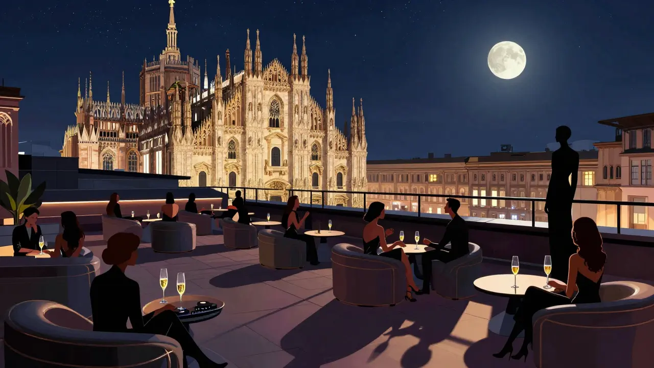 Rooftop club at night with city skyline and Duomo in background, guests sipping champagne under stars.