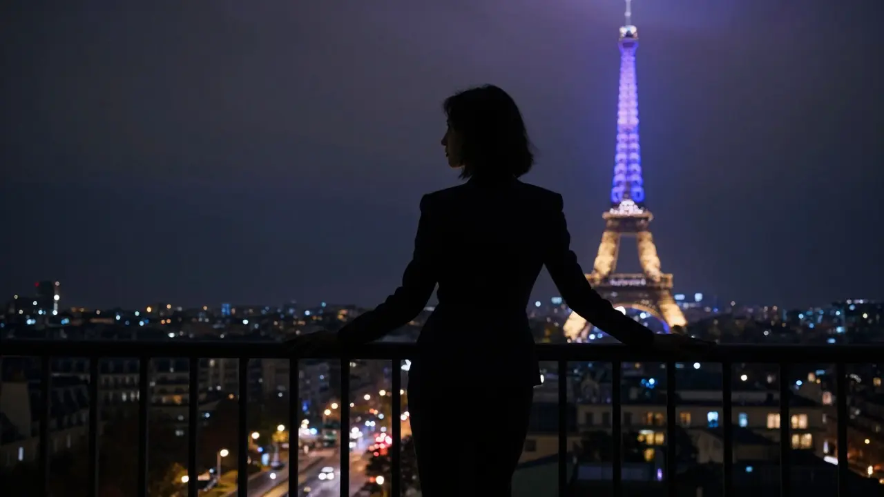 Silhouette of a woman on a balcony overlooking the Paris skyline at night.