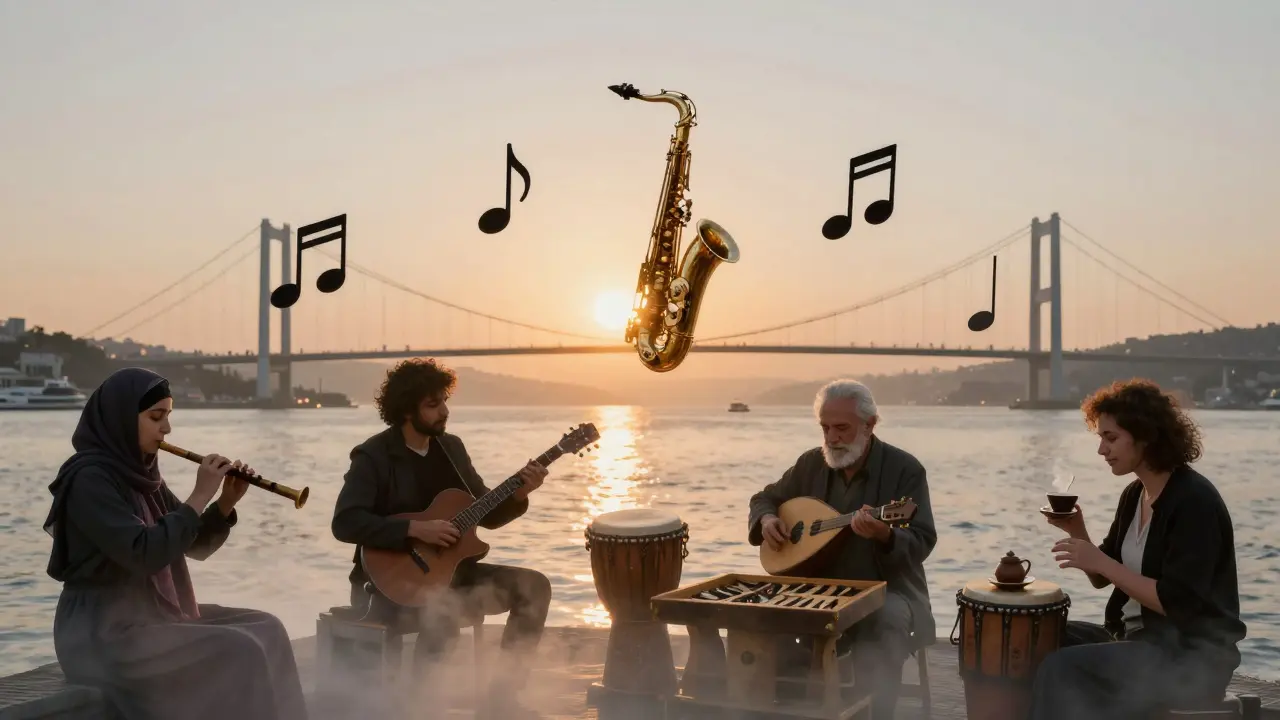 Surreal Bosphorus scene where musical notes connect diverse people at dawn, symbolizing cultural harmony.