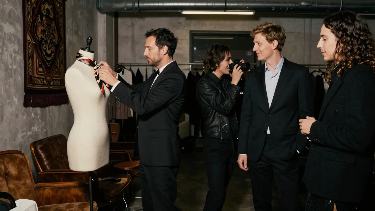 Three elegantly dressed individuals in a loft after-party, interacting naturally with fashion pieces and guests.