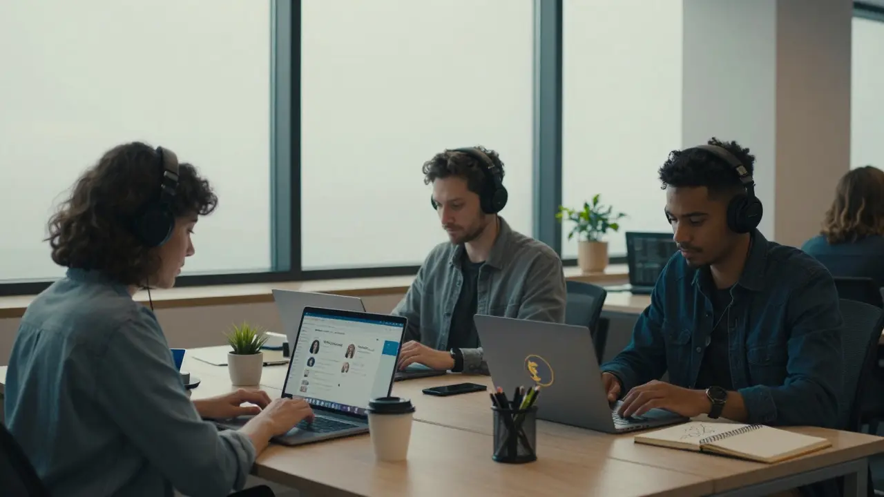 Three independent service providers—woman, man, and non-binary—working quietly in a modern Milan co-working space, each focused on their screens.