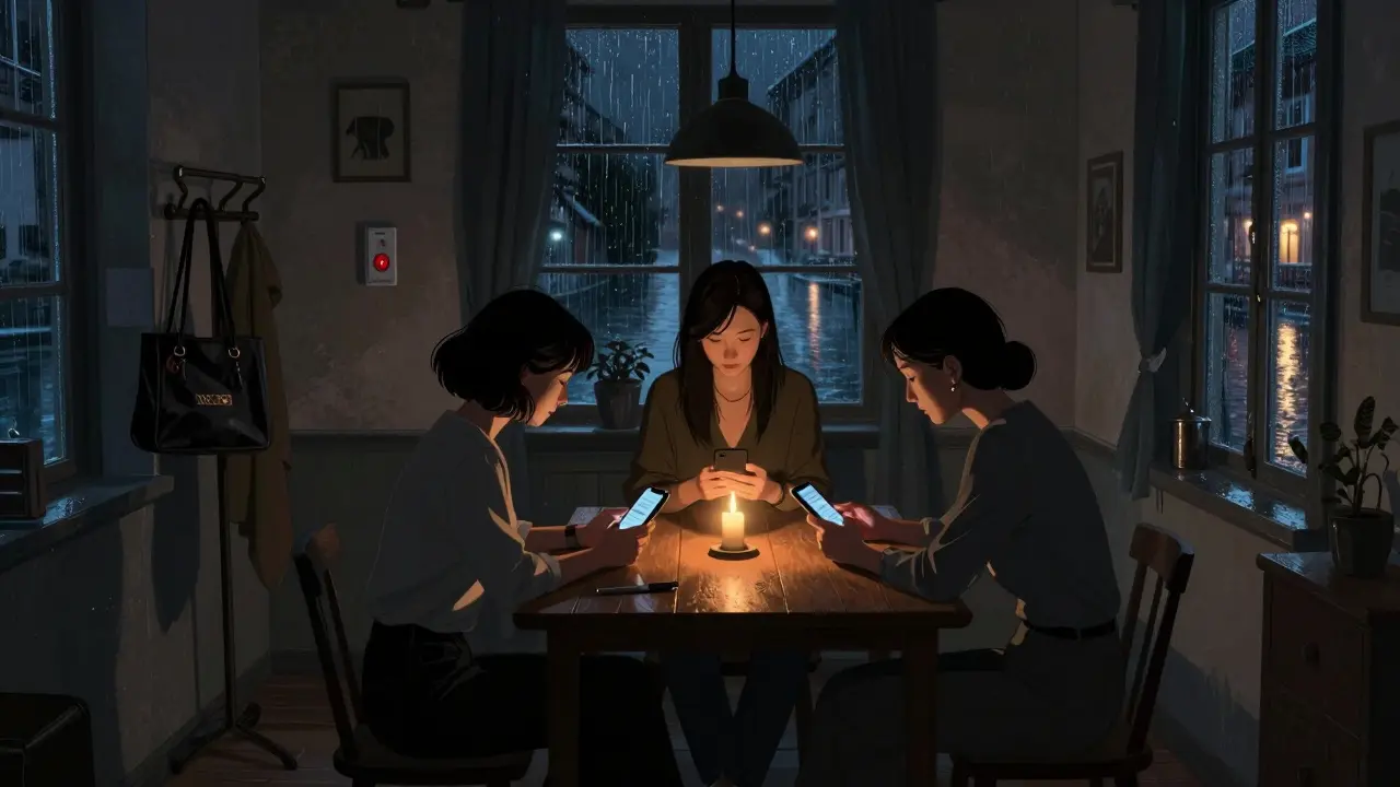 Three women review messages in a Navigli apartment, candlelight casting shadows as they stay vigilant.