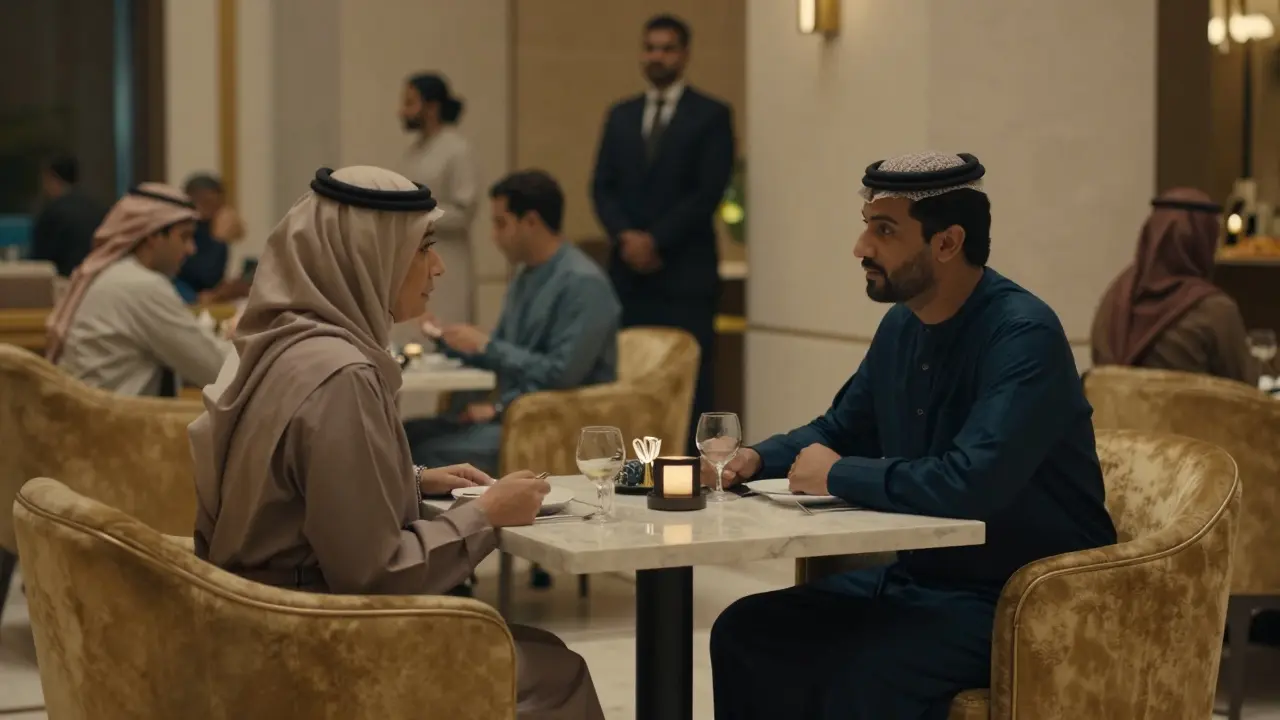 Two people dining politely at a luxury hotel restaurant in Abu Dhabi.