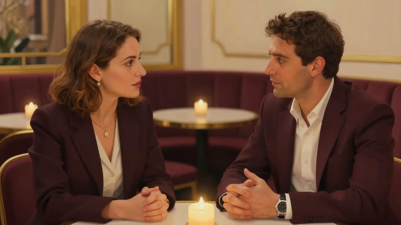 Two people having a respectful conversation in a dimly lit upscale lounge.