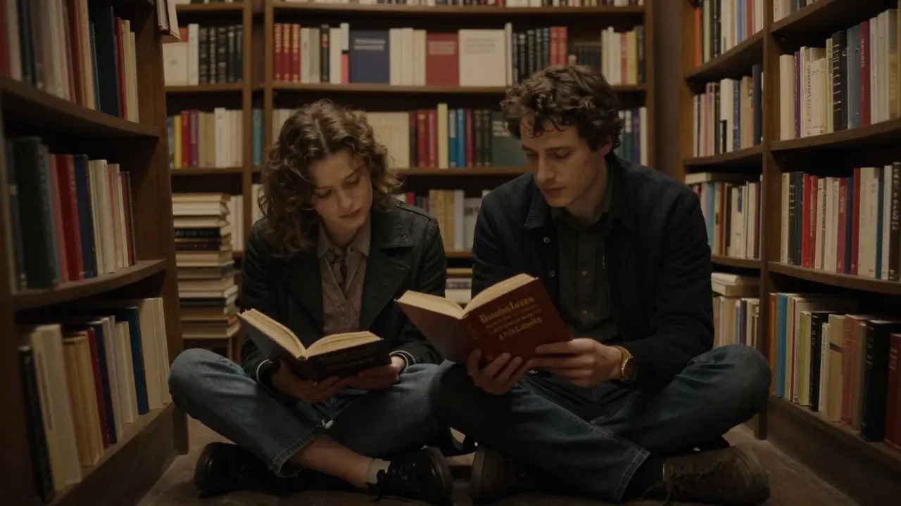 Two people read poetry aloud on the floor of a cozy Parisian bookstore, surrounded by books and warm lamplight.