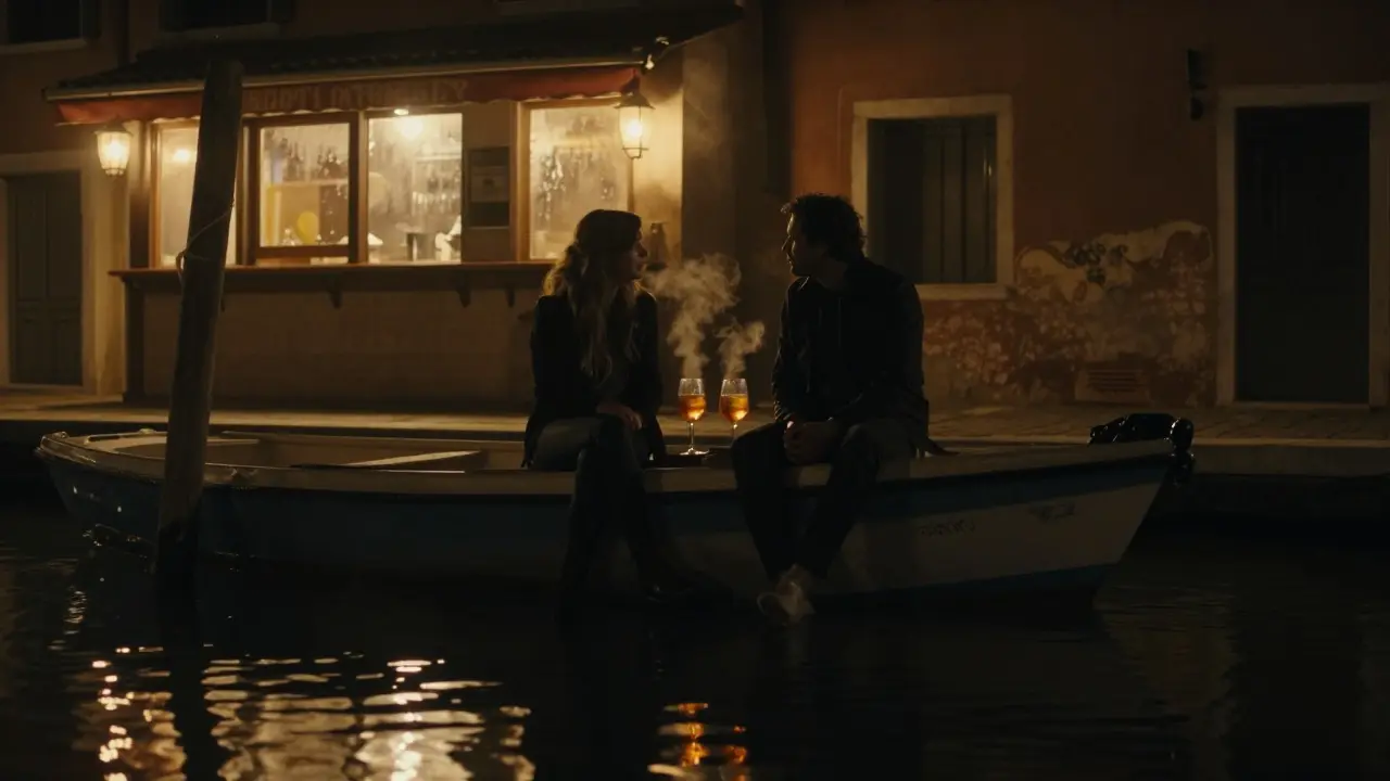 Two people sit on the edge of a canal boat at night, steam rising from Aperol Spritz glasses as lanterns reflect on still water.