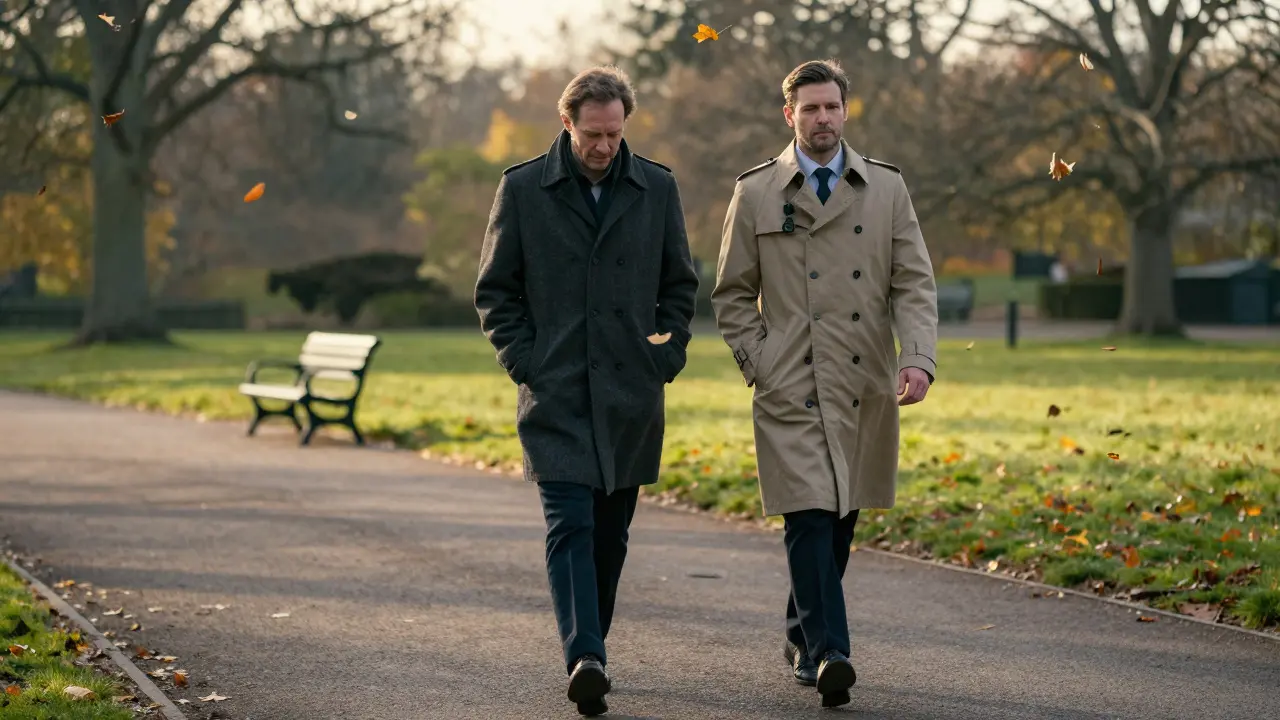 Two people walk side by side through Hyde Park at dusk, each lost in thought, sharing quiet companionship without words.