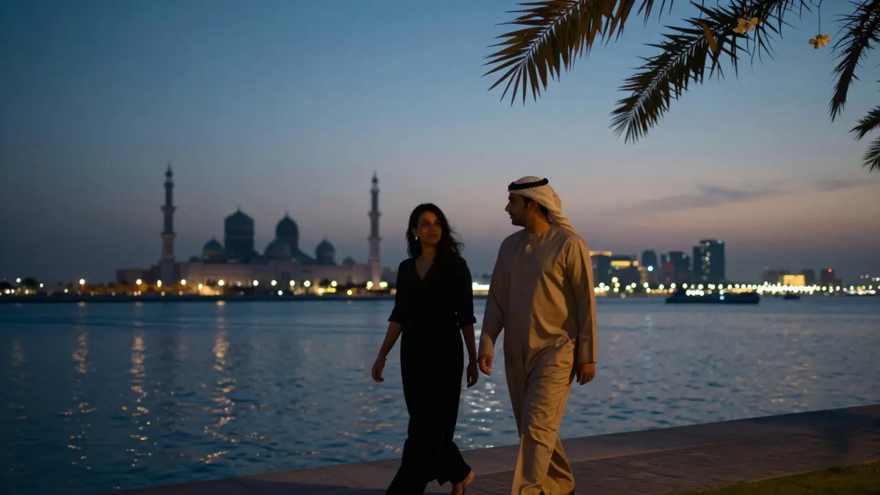 Two people walking peacefully along the Corniche at dusk, the mosque glowing in the distance.