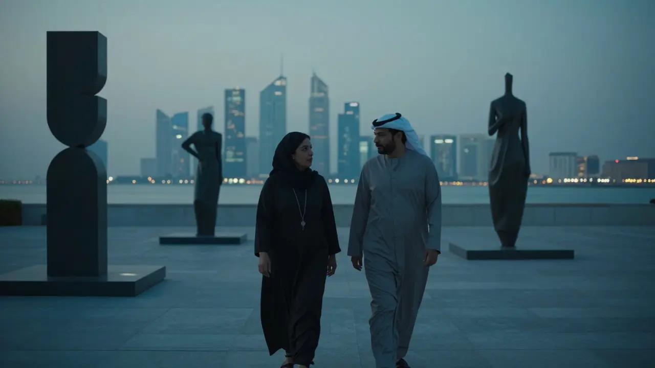 Two people walking thoughtfully through an art space at dusk on Saadiyat Island, under twilight skies.