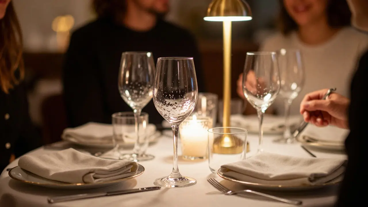 Upscale dinner table with crystal glasses.