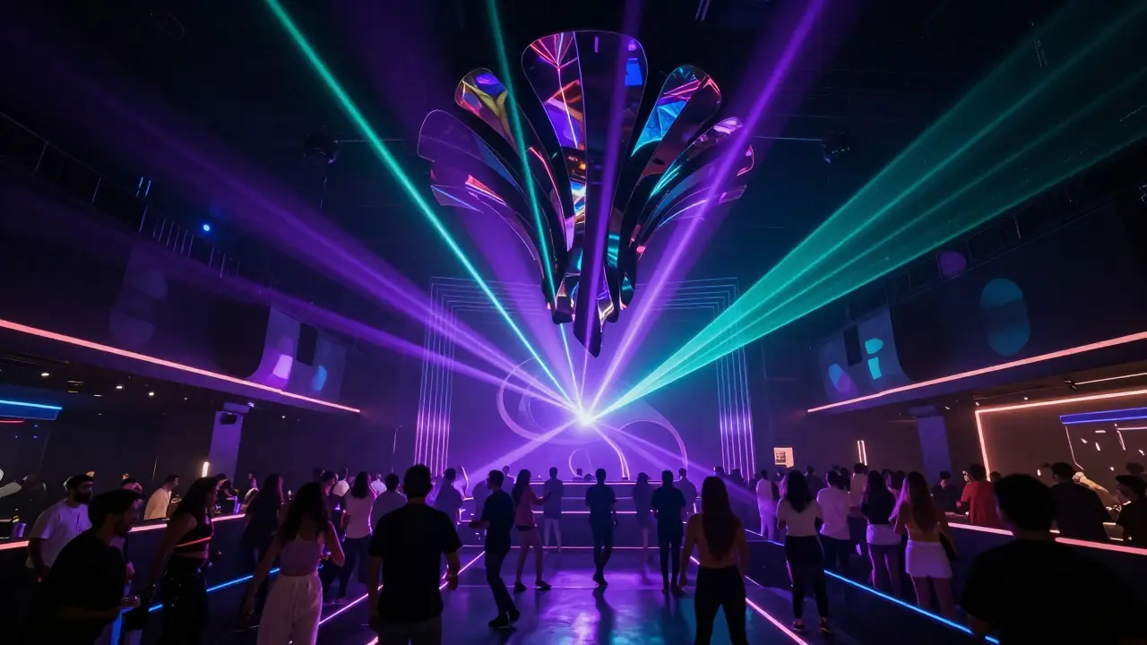 Vibrant nightclub interior on Yas Island with neon lighting effects.