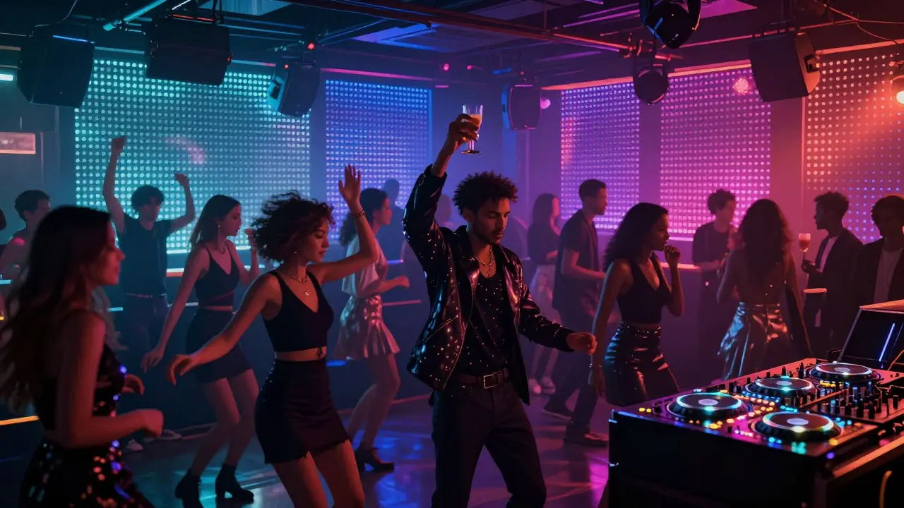 Vibrant nightclub interior with LED lights pulsing to music, crowd dancing in stylish evening wear.