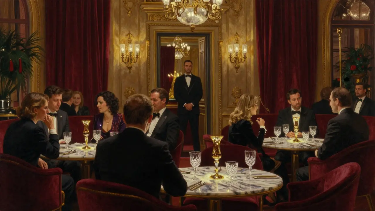 VIPs socializing in a luxurious casino lounge with chandeliers, crystal glasses, and rich gold-and-burgundy decor.