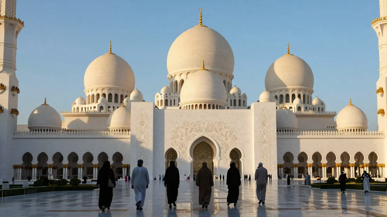 Visitors admiring the architecture of the Sheikh Zayed Grand Mosque during daytime.